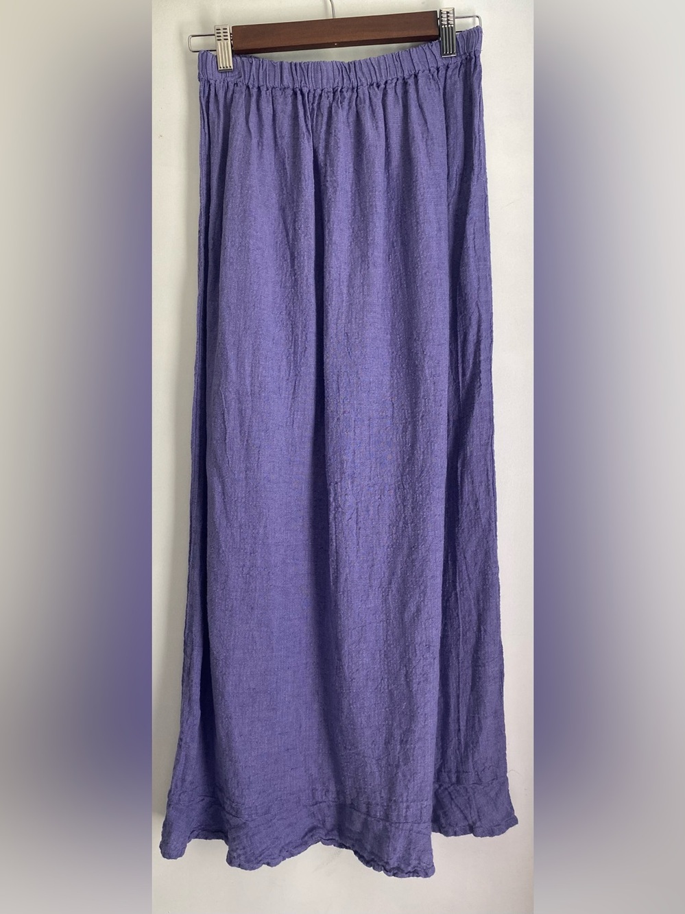 FLAX Women's S Purple 100% Linen Maxi Skirt Elastic Waist Solid Ruffle Hem